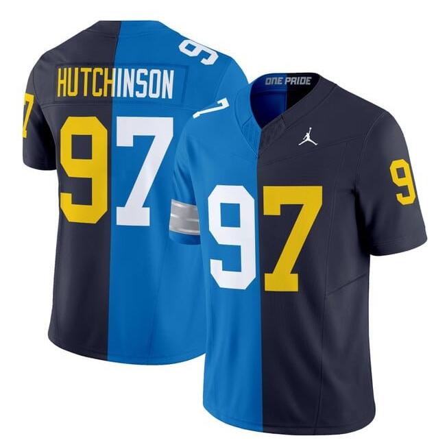 Men's Detroit Lions X Wolverines #97 Aidan Hutchinson Blue Navy Split F.U.S.E. Vapor Limited Stitched Jersey